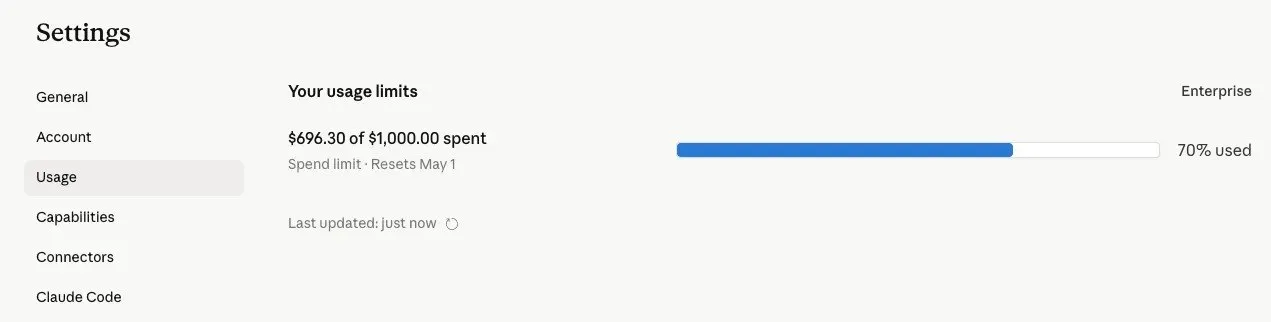 Anthropic usage dashboard showing 70% of monthly budget used