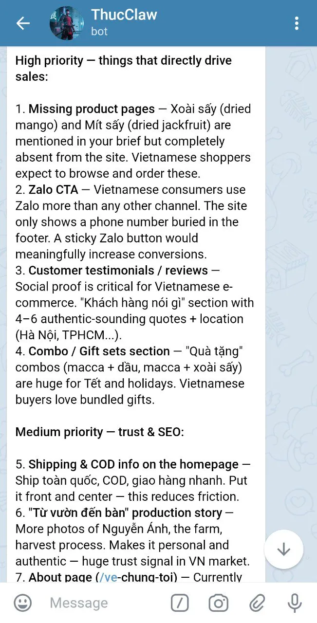 The response: a ranked gap analysis with Zalo CTA and customer testimonials as high-priority items