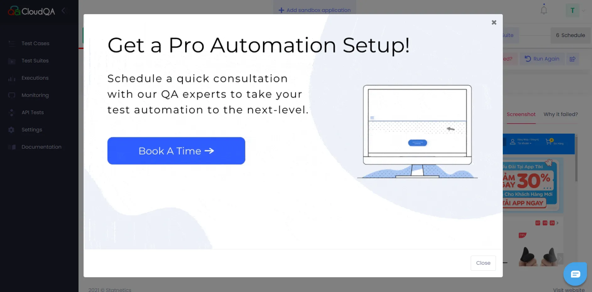 CloudQA interrupts your test run constantly with this annoying salesy message