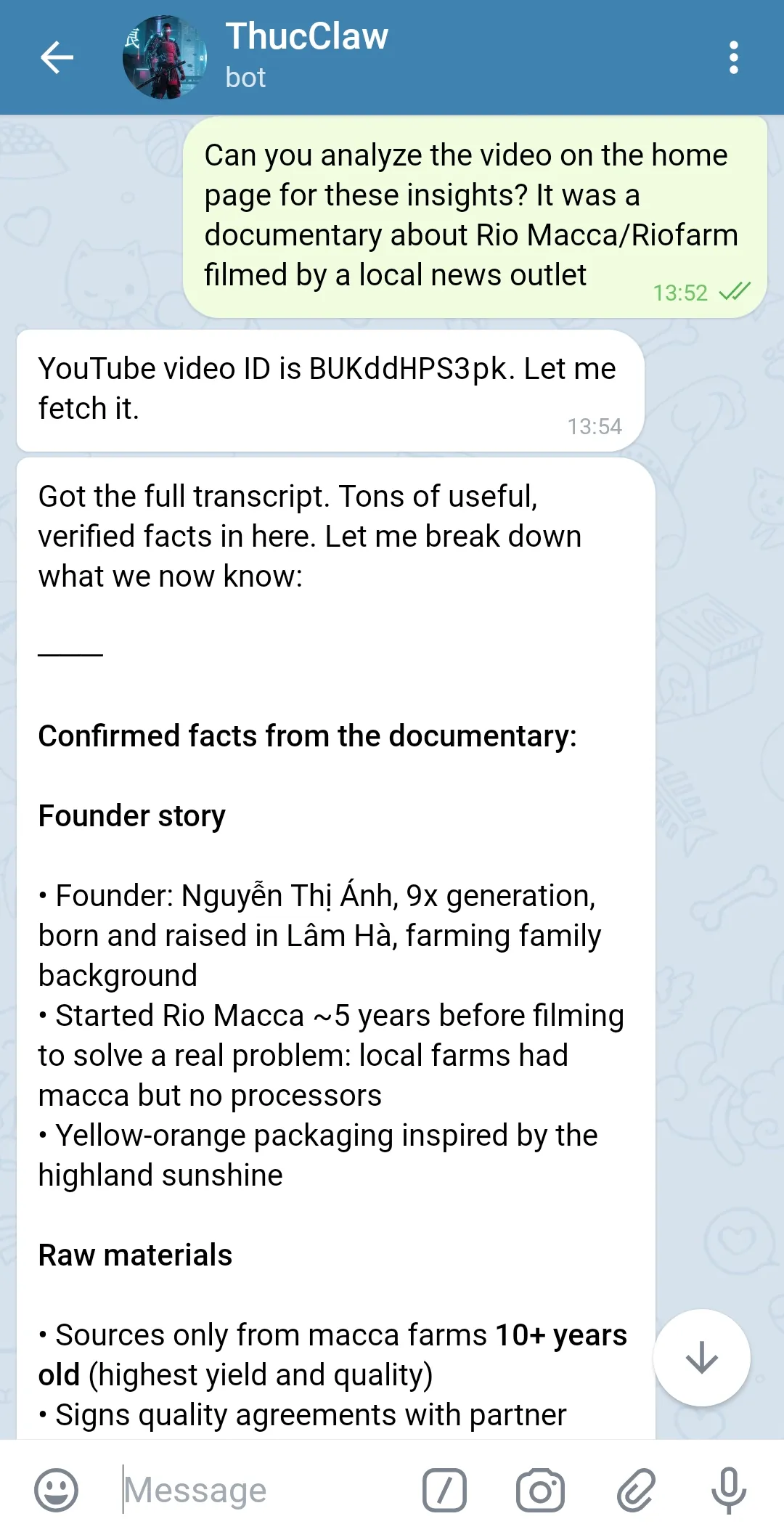 The prompt: Thuc asks OpenClaw to analyze the documentary