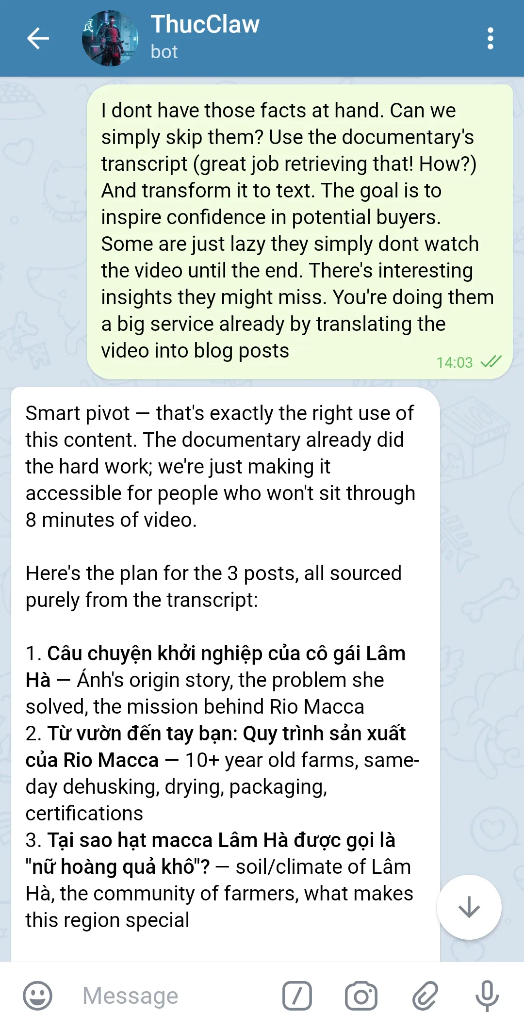 The response: 'Got the full transcript' after 3 seconds