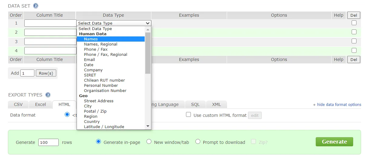 Generate a realistic dataset for testing purposes Generate a realistic dataset for testing purposes