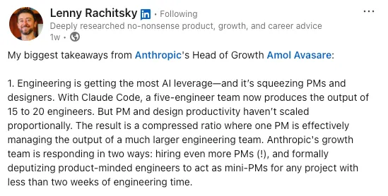Lenny Rachitsky on Anthropic’s Amol Avasare: AI leverage squeezing PMs and designers