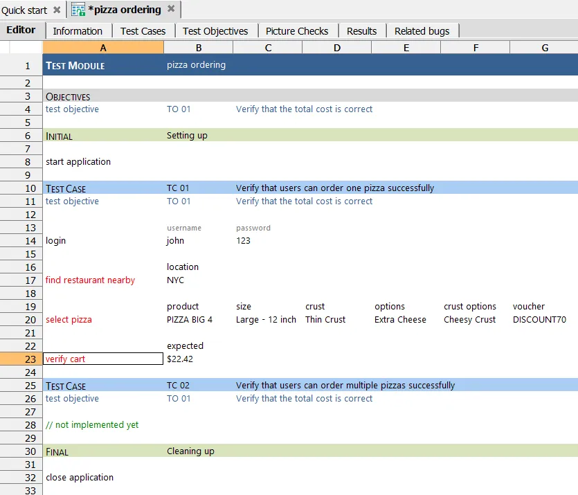 Pizza ordering test written in TestArchitect IDE (a KDT tool)